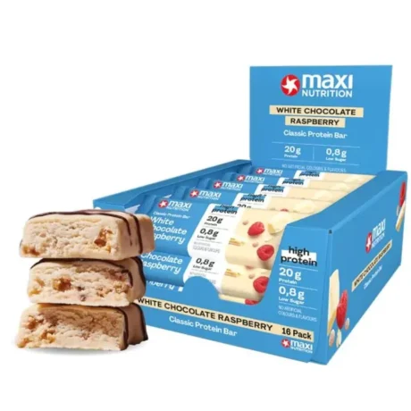 MaxiNutrition Classic Protein Bar White Chocolate Raspberry 40g – Verkaufstray mit 18 Riegeln und angeschnittenem Riegel