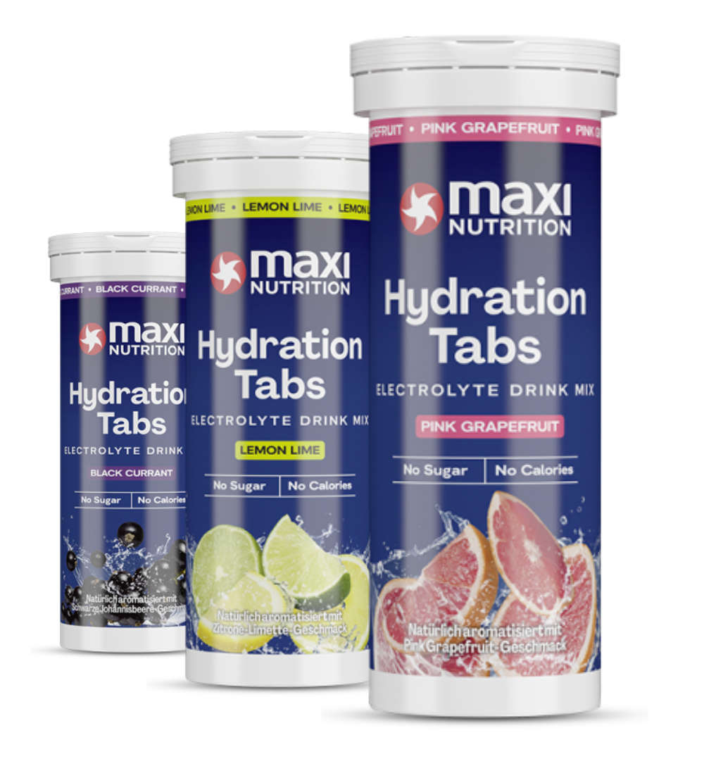 Drei MaxiNutrition Hydration Tabs Röhrchen in Strawberry Lemonade und Green Apple – 0% Zucker, 100% vegan