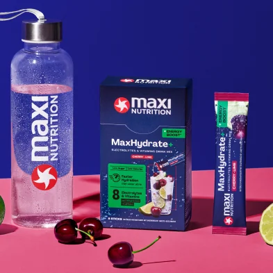 MaxiNutrition MaxHydrate Energy Elektrolyt Drink Stick Cherry Lime 8x16g – Faltschachtel mit Zutaten
